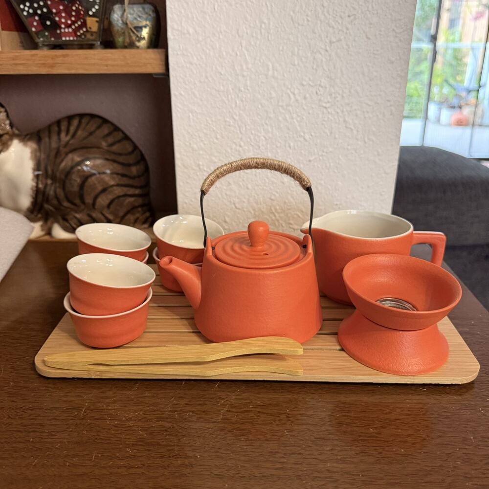 Portable Ceramic Tea Set w/ Teapot & Lid, 6 Cups, Wooden Tray Case